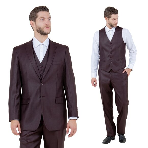Modern Fit Sharkskin 3pc Men's Suit Set, Burgundy - Picture 1 of 6